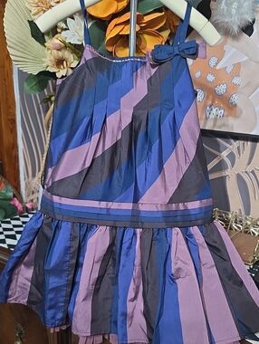 Monsoon Blue and Purple Striped Bow-Shoulder Silky Party Dress Girls 7 8